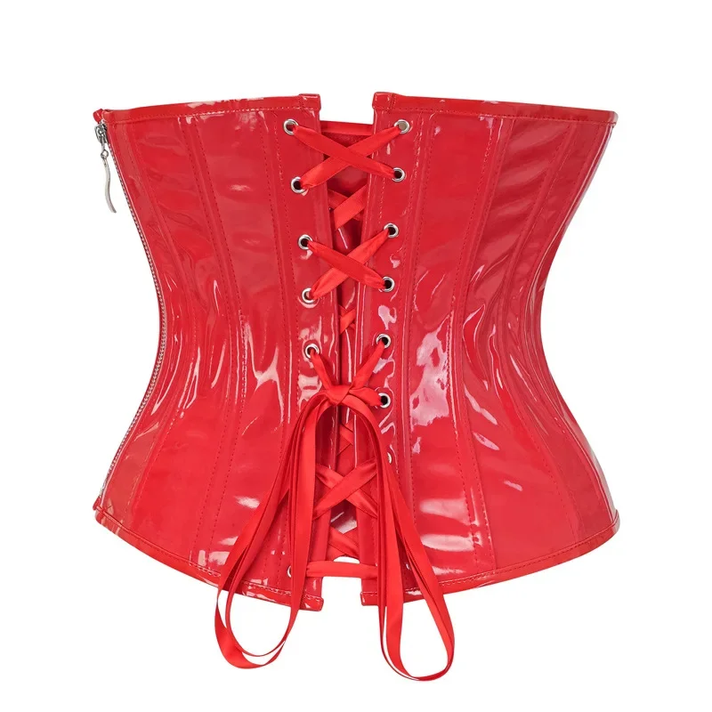 Red Glossy PVC Leather Underbust Corset Bustier Waist Trainer Korset Modeling Strap Shapewear Top