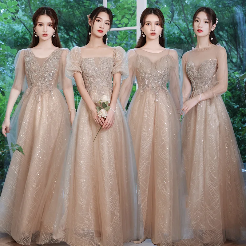 

Bridesmaid Dress Champagne Fairy Long Dress Lapel Lantern Sleeve Printing Robe De Soiree Sexy Retro Perspective Skirt Clothing