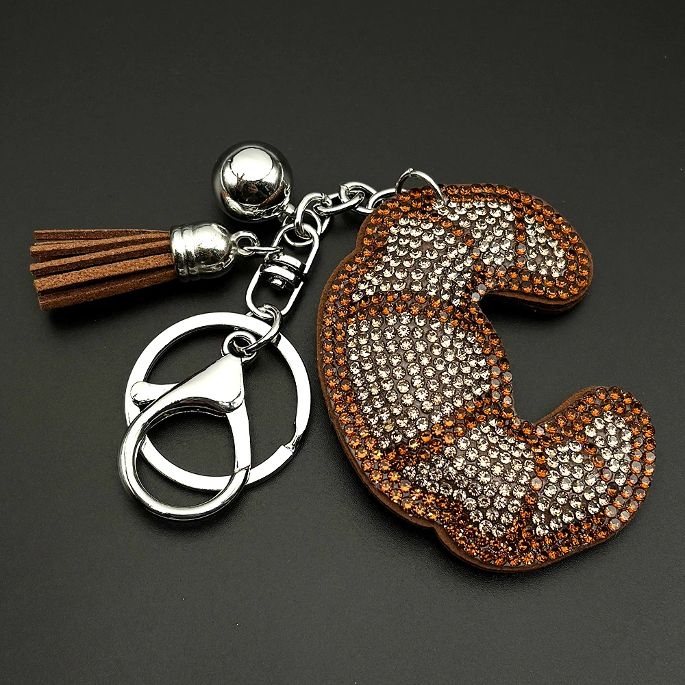 Brauner Croissant-Schlüsselanhänger in C-Form für Damen und Herren, voller Kristallquasten, neues Design, Damen-Handtaschen-Charm, Schlüsselanhänger, Schmuck, Geschenke – Detail 4