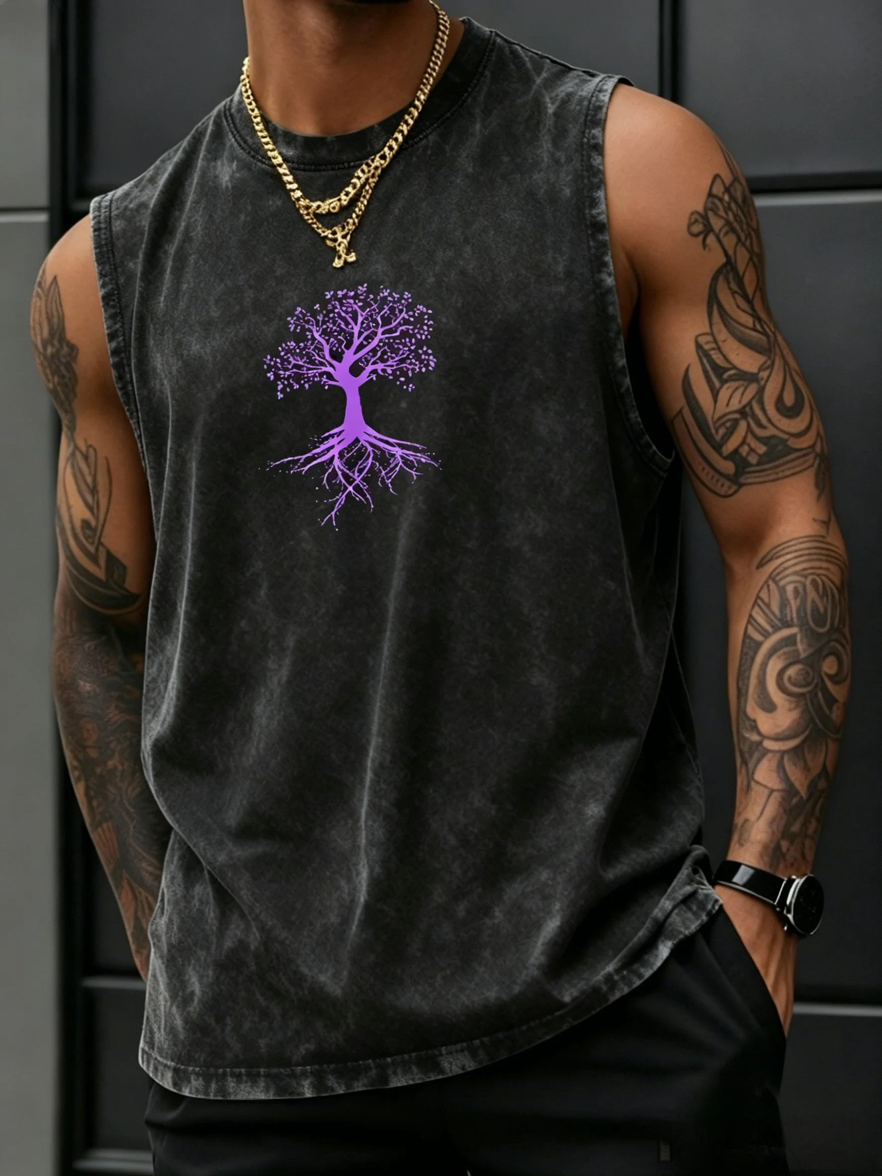 Herren Oversize Vintage Washed 100% Baumwolle Ärmelloses Tanktop 2026 Trend Lebensbaum-Print Lässige Outdoor-Workout-Weste – Detail 19