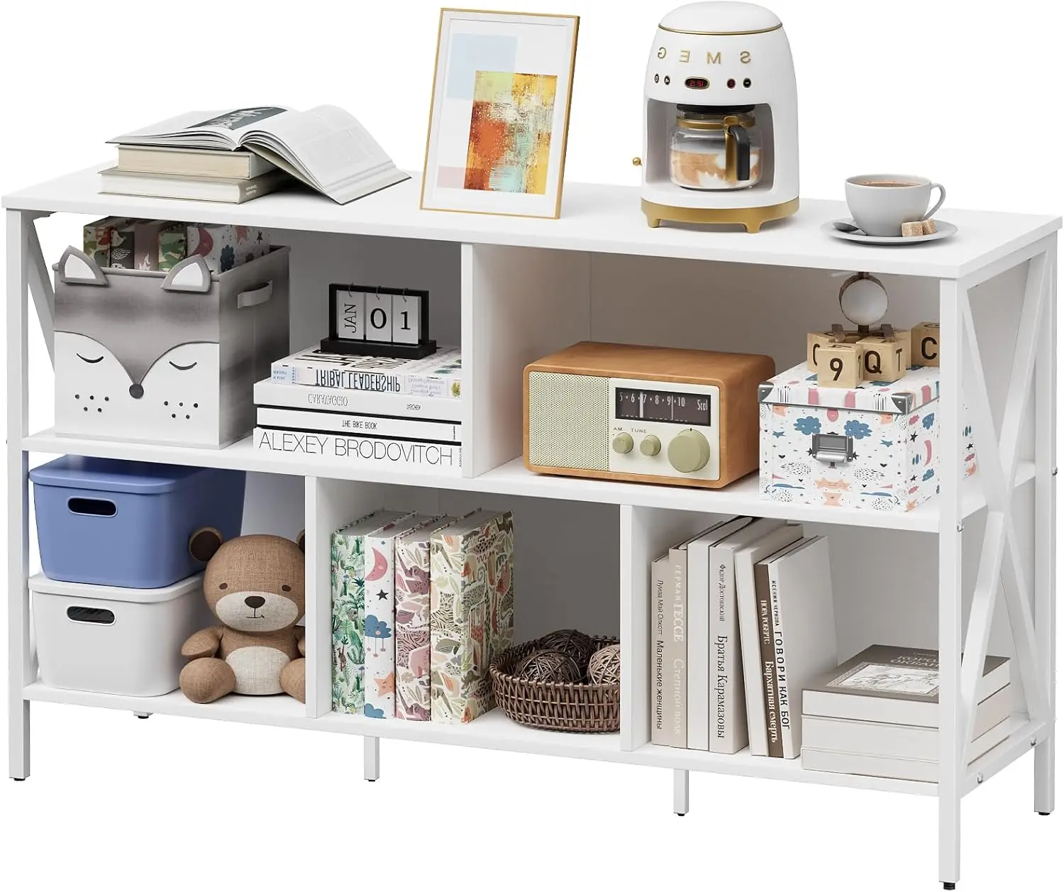 

Horizontal Bookshelf,Industrial Modern 5 Cube Low Wide Cubby Bookcase,Long Wood and Metal Storage Organizer Open Shelf