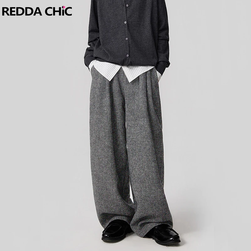 

REDDACHiC Men's Tweed Dress Pants Loose Cleanfit Pockets Pleats Plain Wide Leg Trousers Office Work Fall Winter Everyday Wear