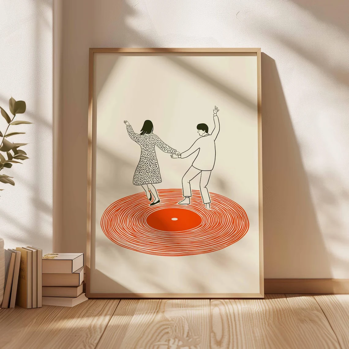 Dancing Couple Wall Art Canvas Print Retro Record Player Poster Modern Music Inspired Illustration for Home Bar or Living Roo