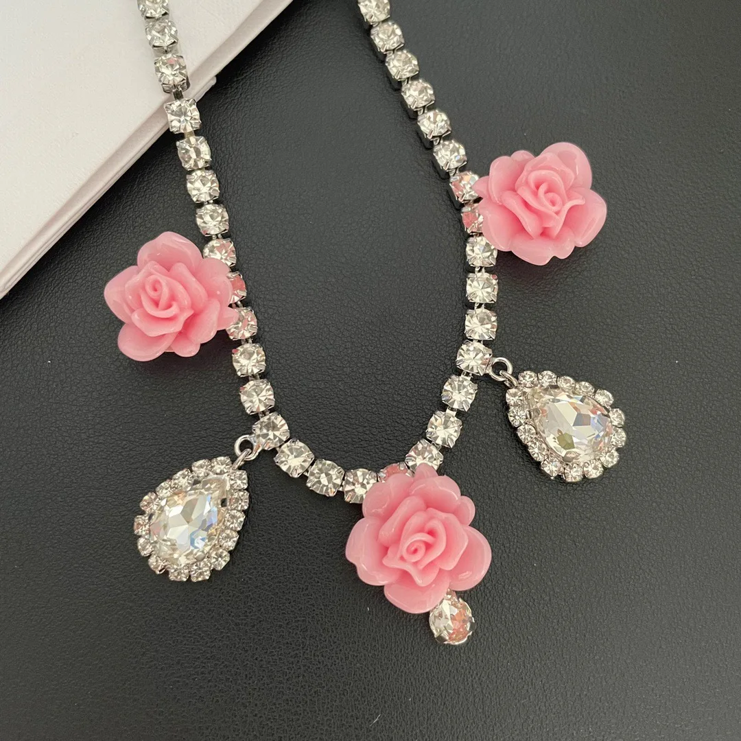 Necklace Temperament Light Luxury Pink Flower Drop Jewelry For Women Collares Para Mujer Collar Collier Femme Pendant Grandes De