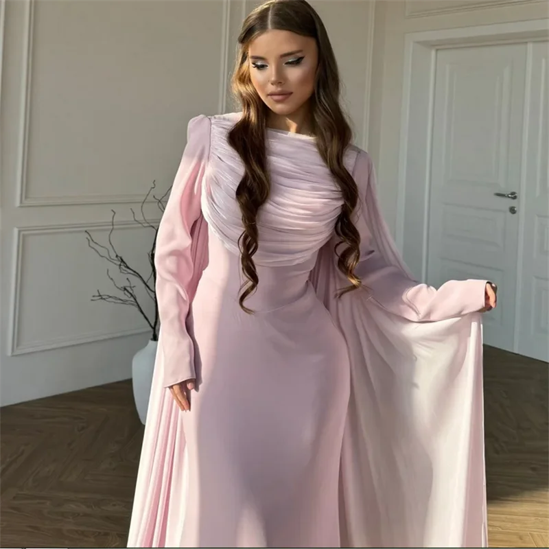 Personalizado rosa com um xale mangas compridas robes de soirée a linha plissados vestidos de noite até o chão elegante vestido de casamento 2025