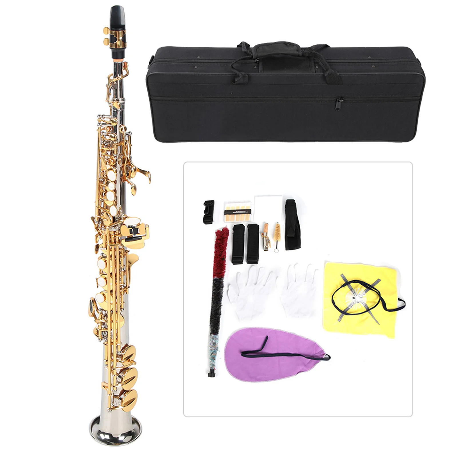 

Professional Brass Soprano Straight Saxophone Silver Plated Tube Gold Key Sax with Carrying Bag Saxophone Kit Straight Saxophone