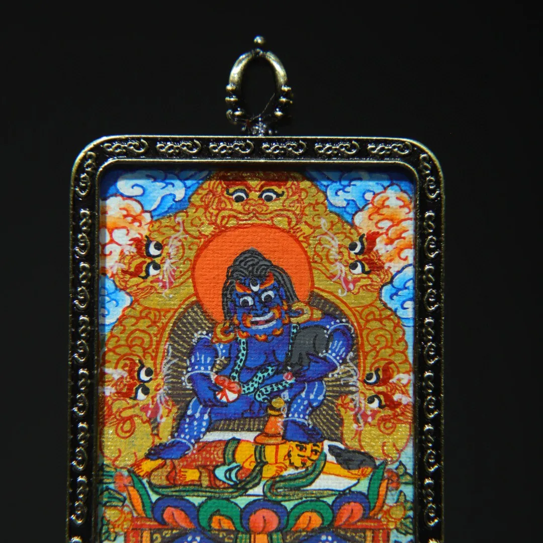 Tibetan Buddha brass frame painted Mahaga block God of Wealth Thangka pendant square necklace pendant jewelry 6.3 cm