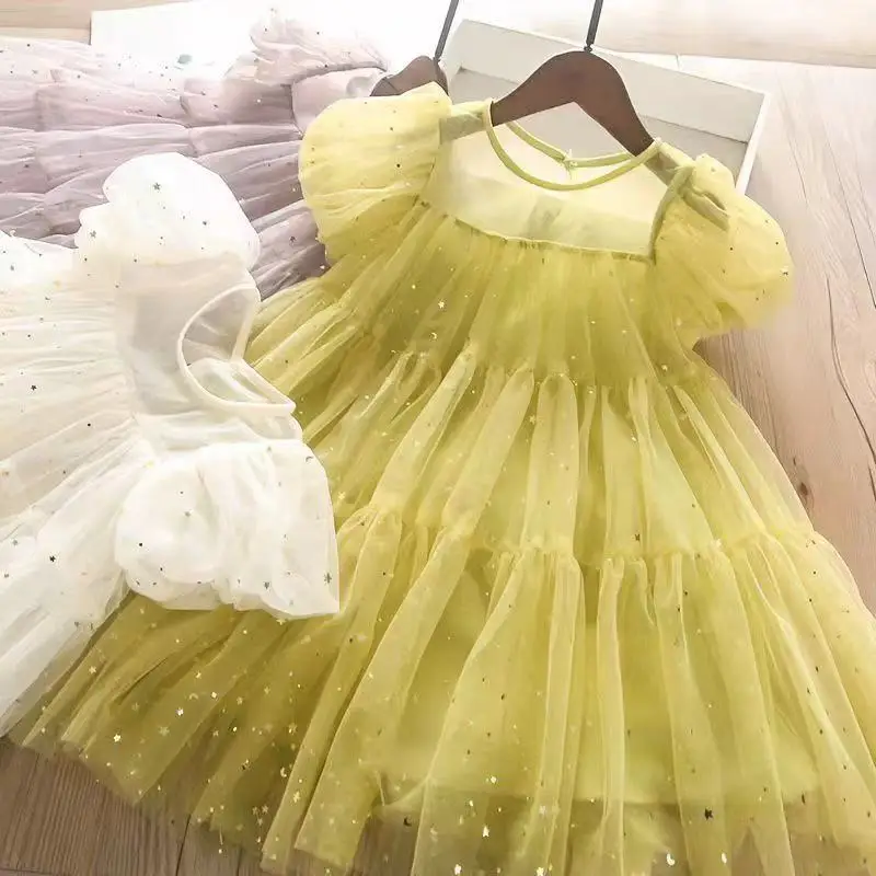 

2025 Summer Kids Star Sequined Dress Fluffy Gauze Princess Dress
