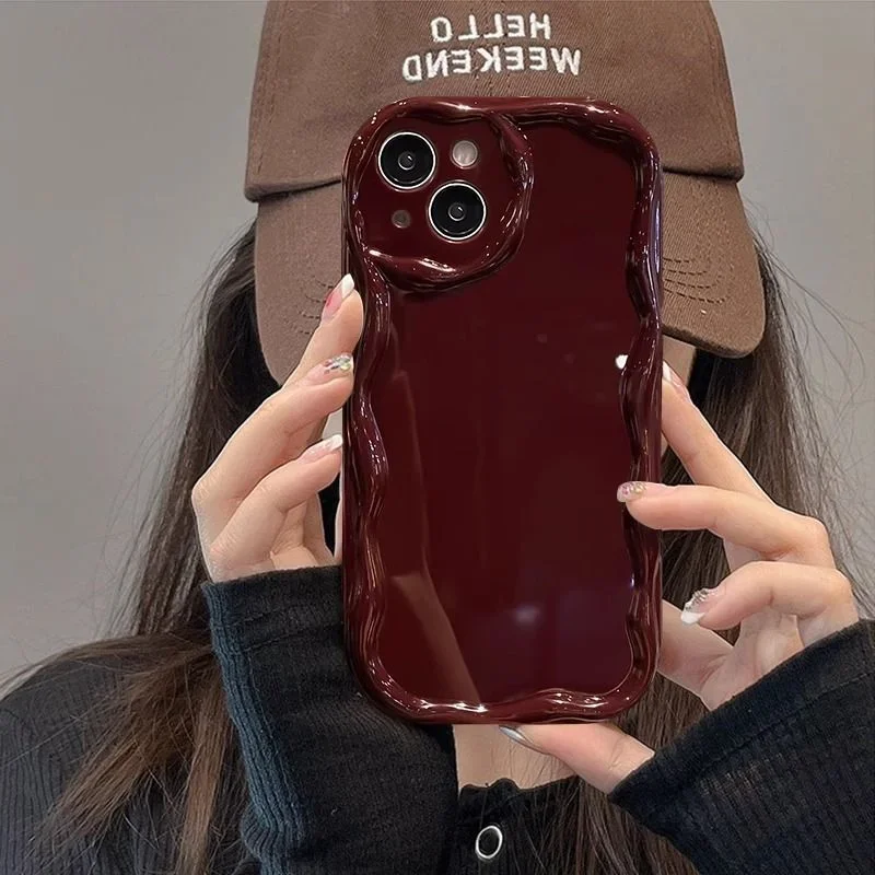Wave Pattern Solid Color Cream For iPhone 11 12 13 14 15 16 Pro Max Plus Mini Transparent Resistant Couple Clear Shockproof Case image 3