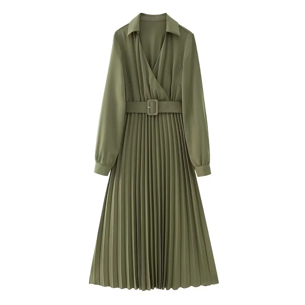 Winter V-neck Long Sleeve Belted Dress for Women Solid Color Pleated European American Style CC5329