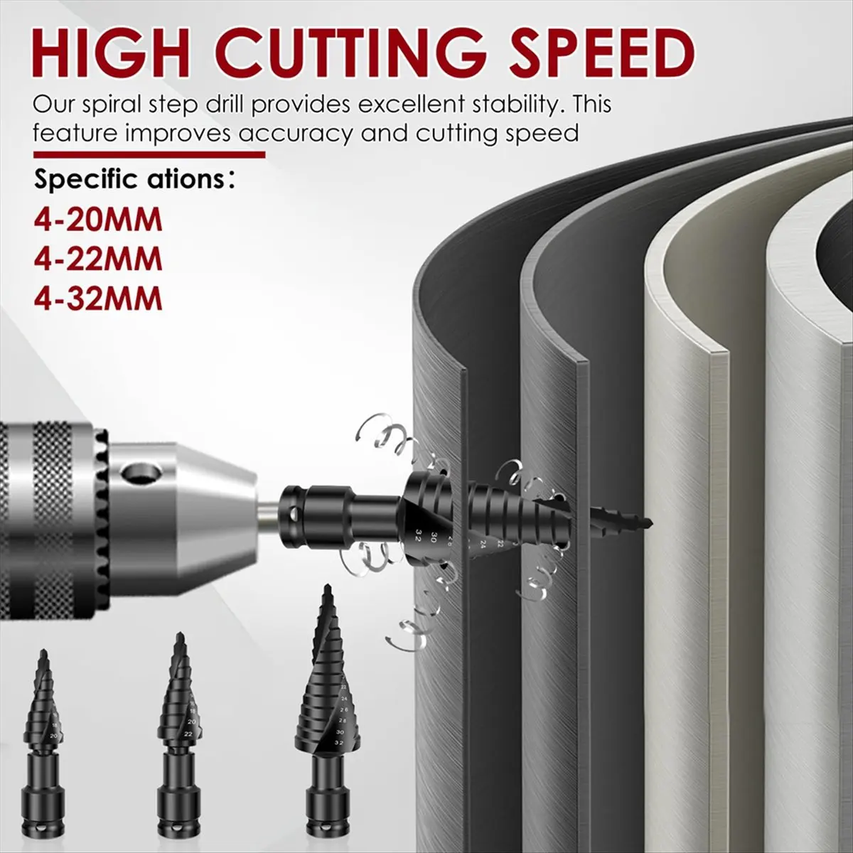 A58Z 3Pcs Step Drill Bit Set, High Speed Steel Spiral Grooved Step Drill Bit, 4-32mm Cone Cutting Spiral Flute Step Drill Bit