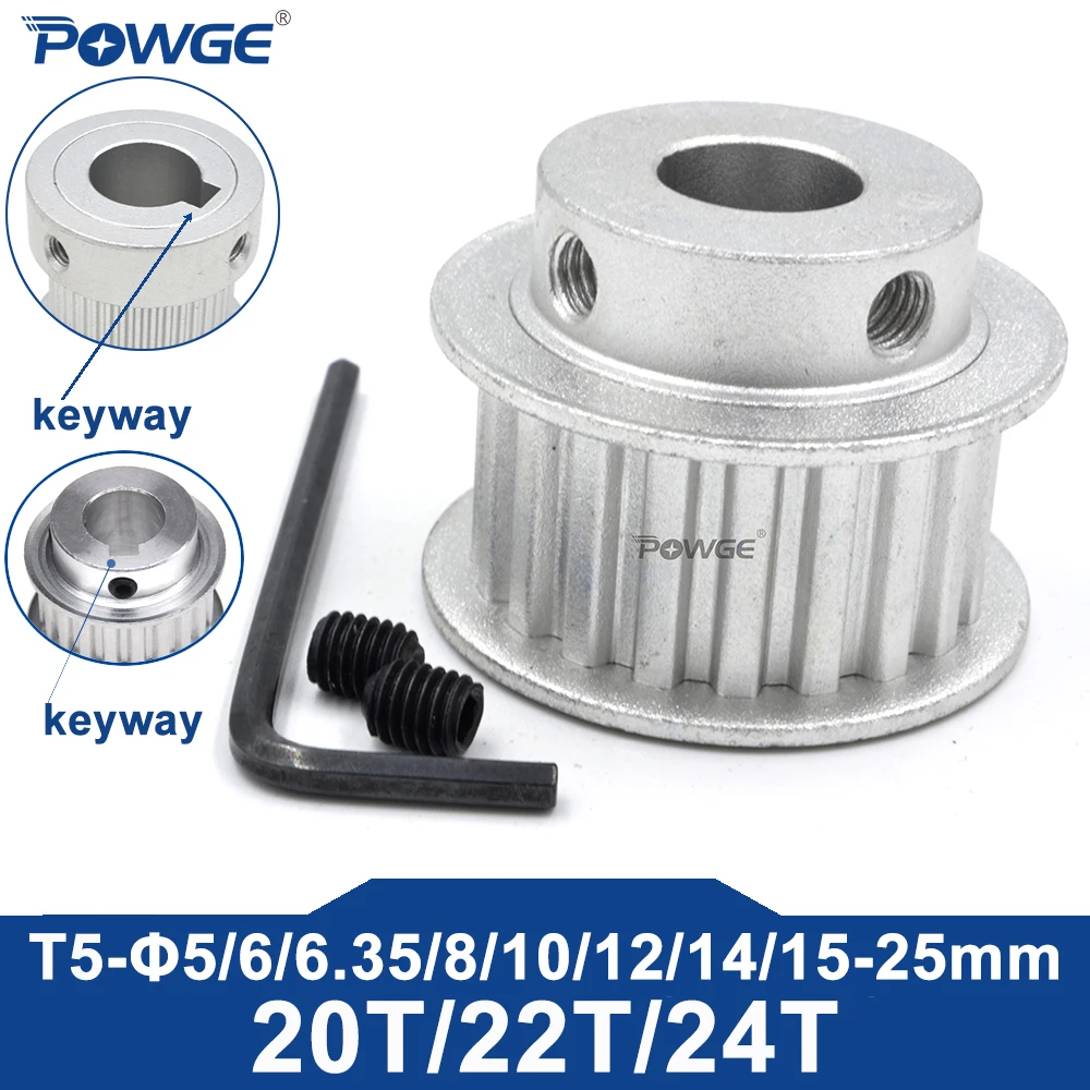 POWGE 20 22 24 teeth T5 Timing Pulley Bore 5/6/8/10/12/14/15/16/17/18/19/20/22/24/25mm for belt width 10/15/20/25mm 20T 22T 24T