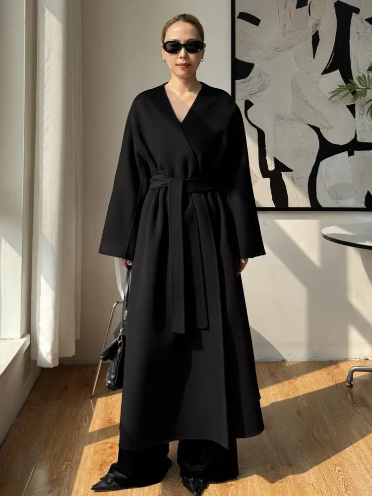 

Элегантные модные женские длинные шерстяные куртки 2022, осень и зима, халат с v-образным вырезом, свободные женские длинные шерстяные пальто на шнуровке