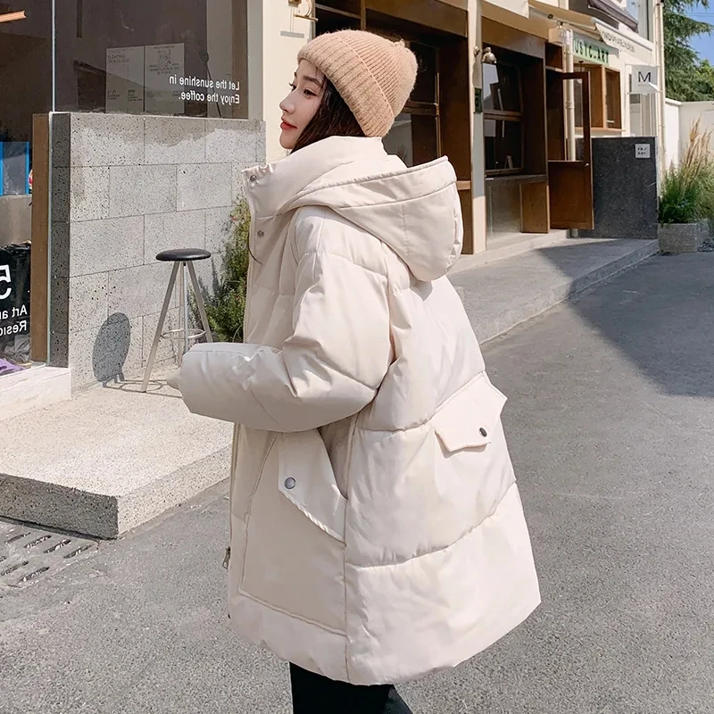 2024 Winter New Hooded Down Padded Jacket Women's Mid-Length Fashion Tren Loose Solid Color Thickened Over The Knee Padded Coat