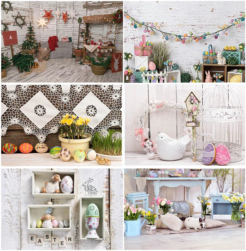 Easter Holiday Interior Decoration Brick Wall Backdrops Photographic Wooden Floor Planks Color Eggs Bunny Flowers Backgrounds