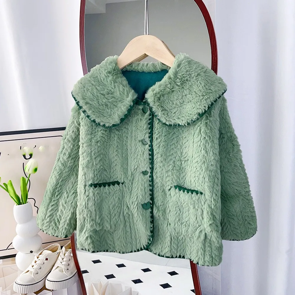 

2023 New Arrivals Spring Autumn Children Long Sleeve Turn-down Collar Fleece Green Child Girls Clothes Sweater Overcoat 18M-7T