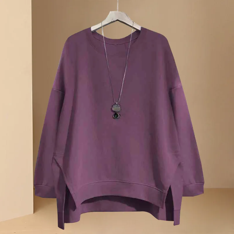 Autumn Winter New Korean Version Versatile Casual T-Shirt Women's Round Neck Plus Size Irregular Loose Artistic Sweatshirt