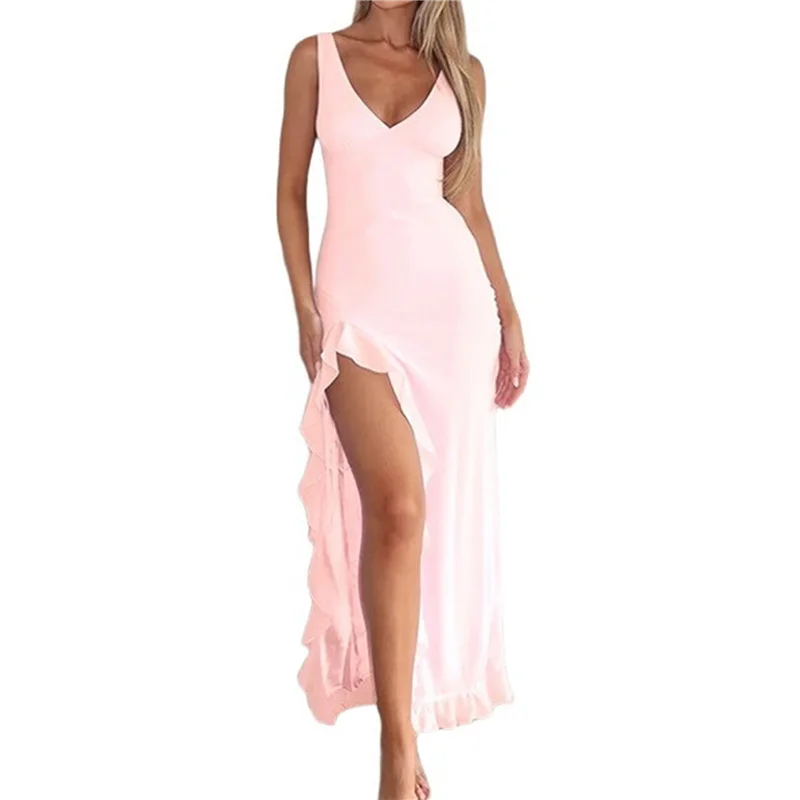 NIEUW-Dames V-hals Mouwloos Mesh Ruche Zoom Bodycon Maxi Casual Backless Cocktailpartyjurk met hoge split