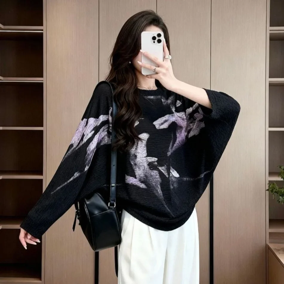 

Miyake Pleated 2025 Autumn New Printed Bat Long Sleeve Top Women's Loose Temperament Casual Pleated T-Shirt Plus Size Stretchy