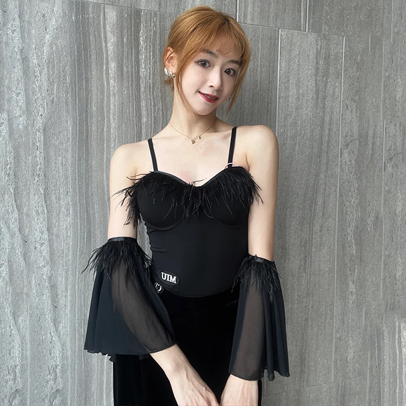 2023 Ballroom Dance Tops Women Fairy Feather Black Leotards Ault Rumba Dance Performance Clothes Latin Practice Wear DNV18463