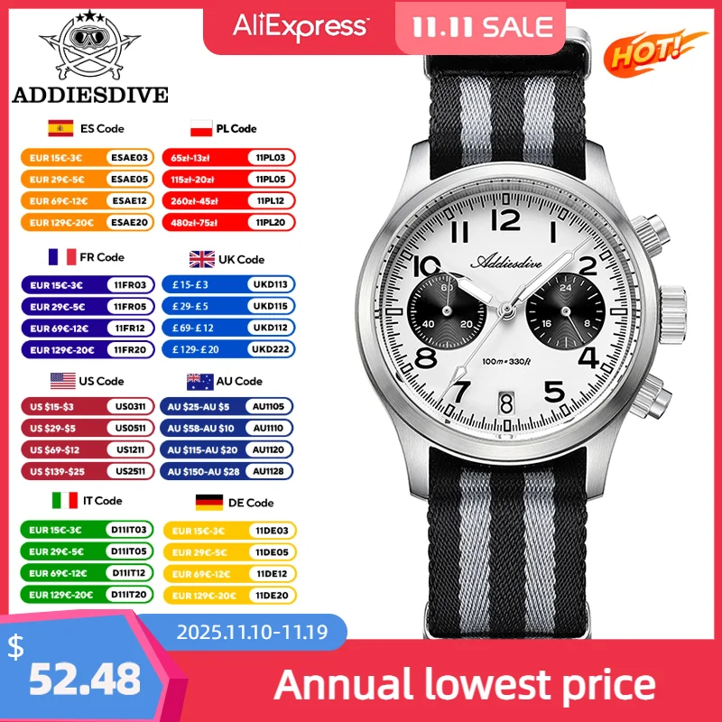 Addiesdive relógio para homem vk64 cronógrafo vidro de safira 39mm relógios quartzo panda dial bgw9 à prova dwaterproof água 100m vestido luxo relógio