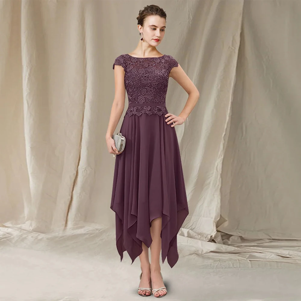 Short Mother of The Bride Dress Ruffles Chiffon Skirt Cap Sleeve Scoop Neck Lace Applique Wedding Guest Gown Party Dresses