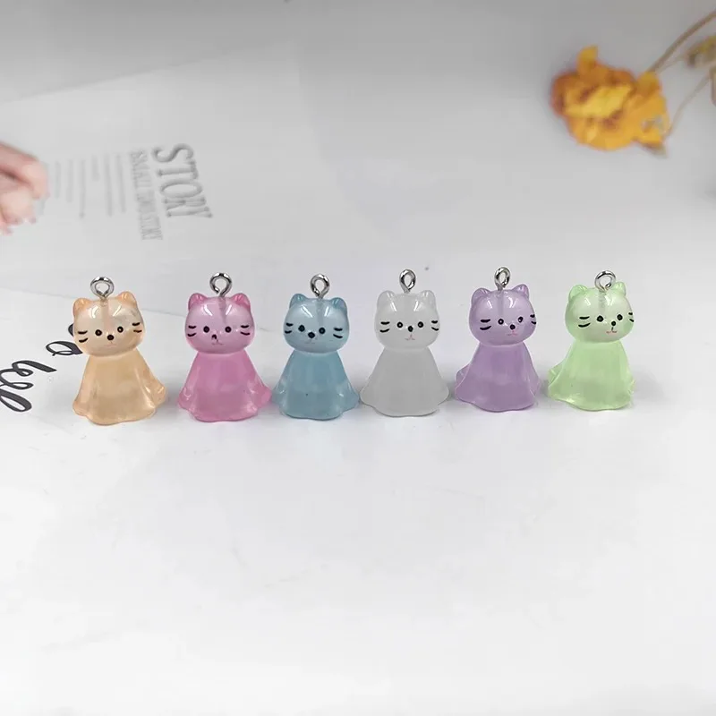 10pcs Cute Luminous Transparent Cat Charms Lovely Resin Colorful Animal Pendant For Earring Keychain DIY Jewelry Making