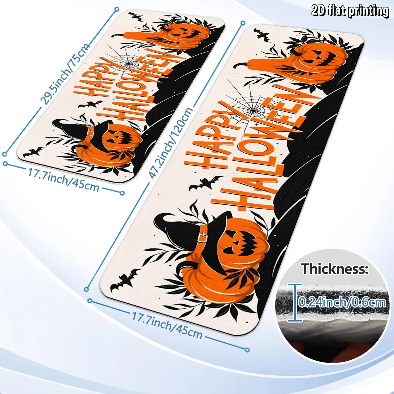 1pc 2D FLAT Printing Kitchen Mat, Self-Adhesive Kitchen Rug, Happy Halloween Pumpkin Witch Hat Bat Design Comfortable.