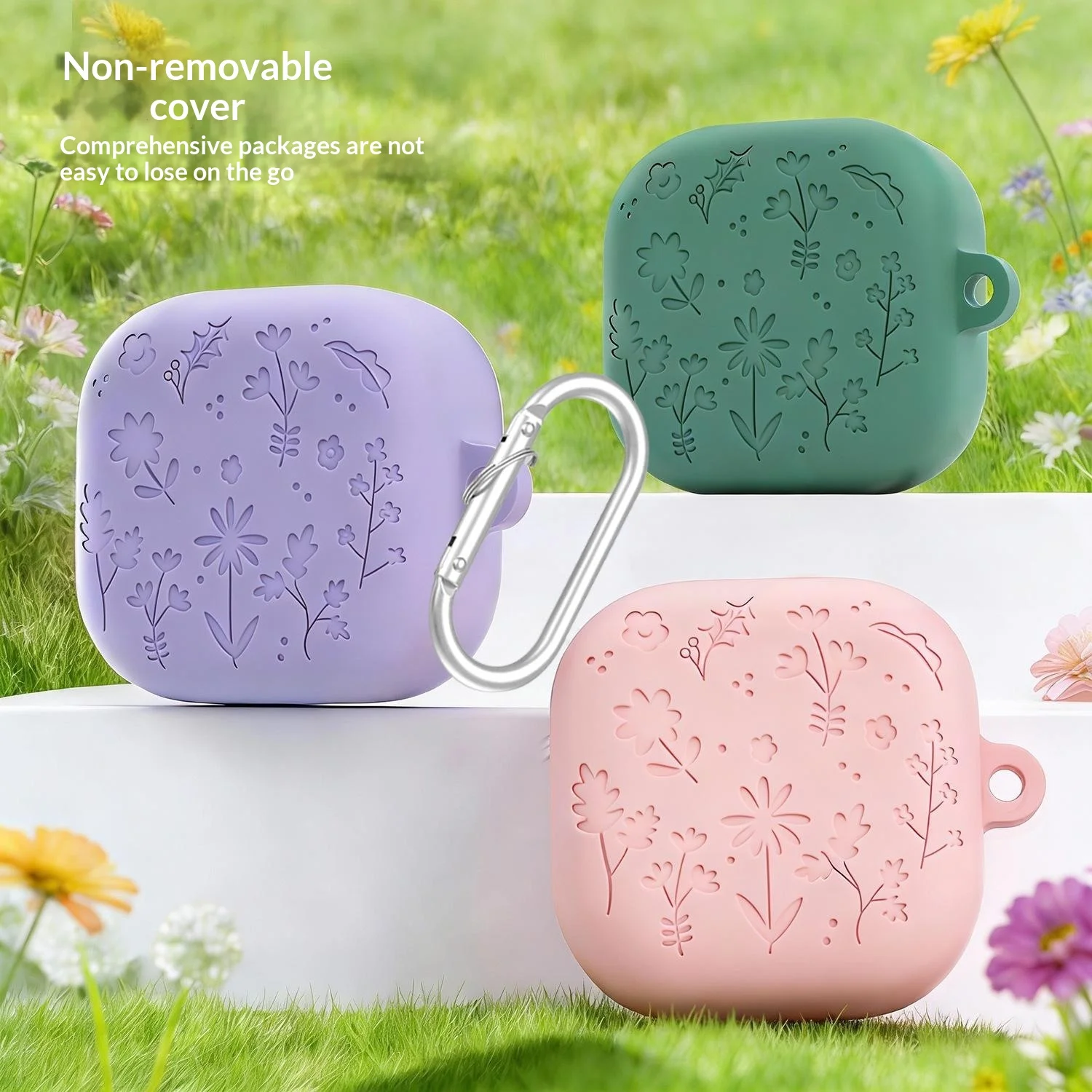 

Силиконовый чехол для Samsung Galaxy Buds4 / Buds4 Pro с цветочным узором и крючком для подвешивания - темно-серый