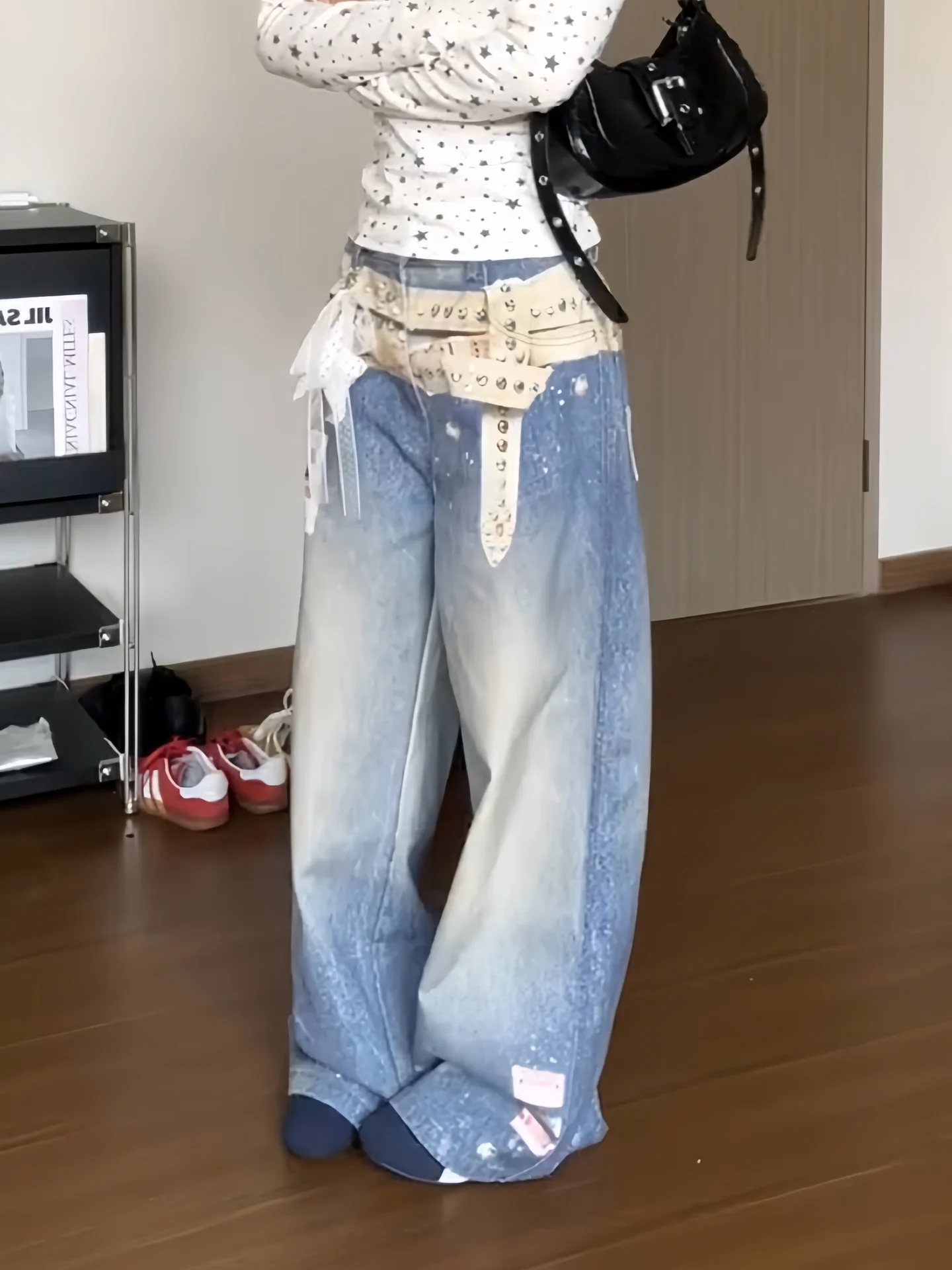 Jean à ceinture imprimé 3D Vintage en détresse pour femmes, pantalon en Denim à jambes larges imprimé tridimensionnel de Style de rue d'automne 2025