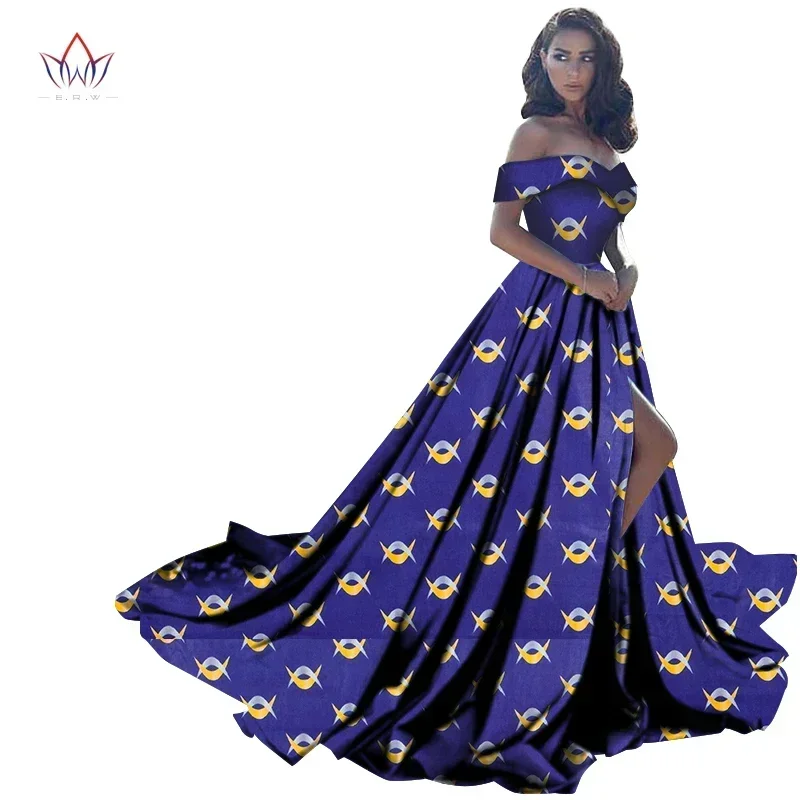 Bintarealwax African Dresses for Women Bazin Off Shoulder High Waist Evening Party Dress Big Swing Hem Long Split Dress WY2734