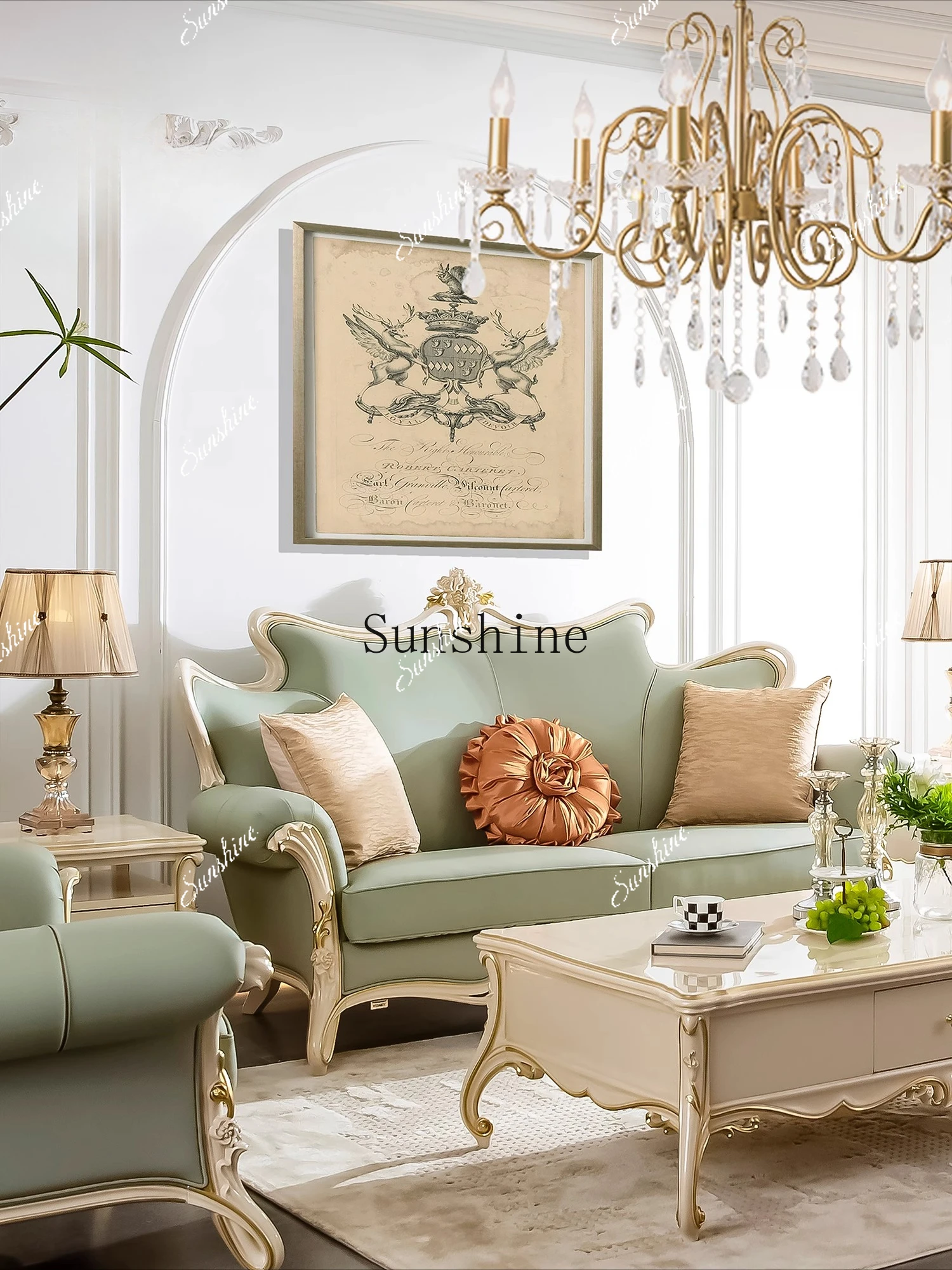 French size apartment living room full solid wood three-person sofa combination  FT