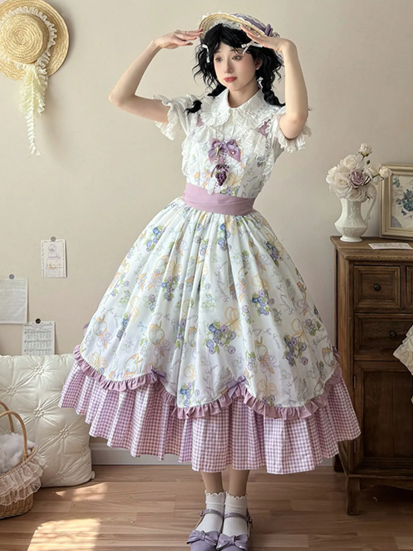 Elegante set gonna e camicetta stile country Lolita per donne taglie forti, abito principessa a maniche corte in fibra di poliestere traspirante