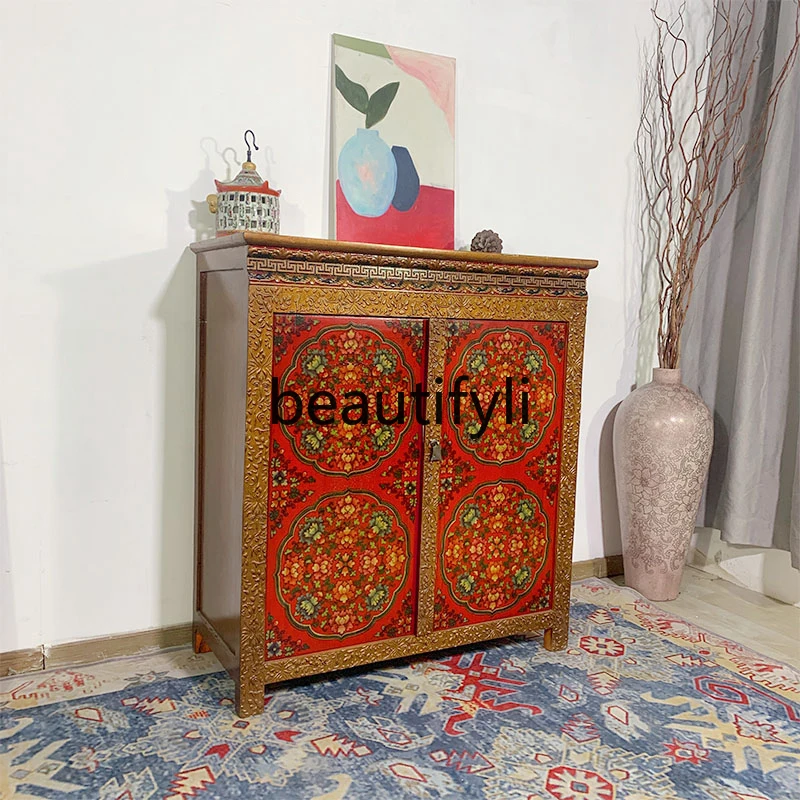 

Chinese solid wood retro style porch cabinet Tibetan painted old double door hand painted wine cabinet
