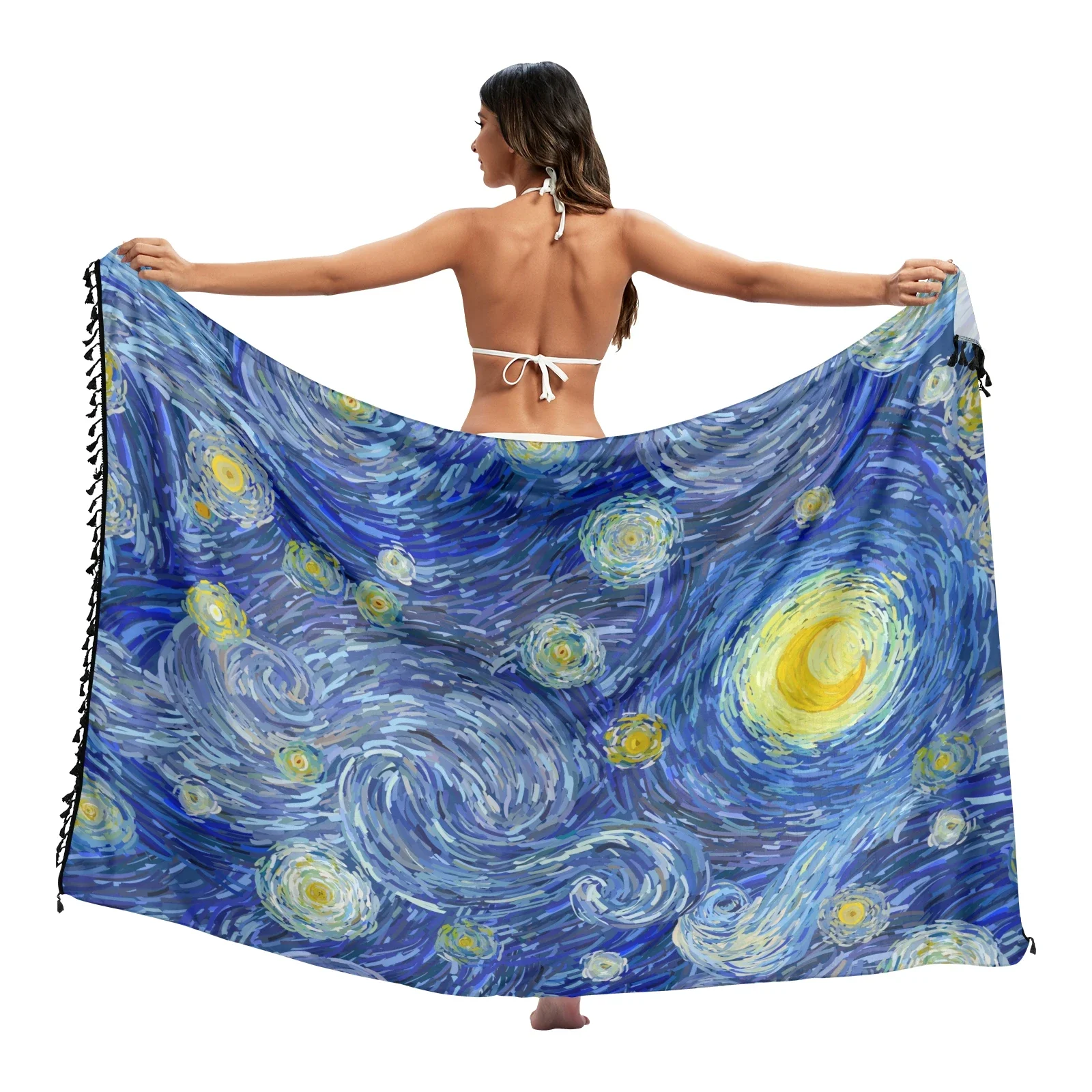 

Van Gogh oil painting Twill cotton Pareo Beach Cover-Ups Women Beach Dress Bikini Bathing Swimwear Cover Up snow Sarong Scarf