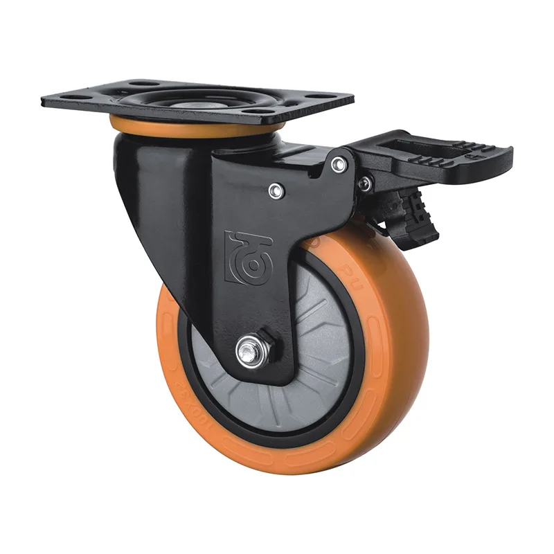 2.5 Inch Heavy Duty Pu Caster Wheel With Brake | 1000lbs Capacity  Orange  Plate/screw Mount Optional  For Factory Trolley