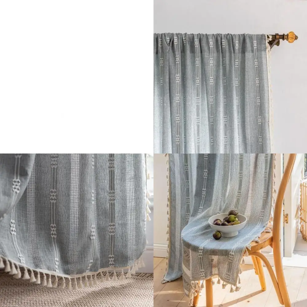 

Синие льняные шторы в полоску в стиле бохо, длина 96 лет, комплект из 2 панелей с кисточками, полузастежка для гостиной (52 Ш x 96 л)