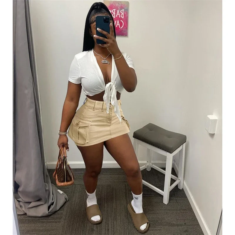 

Women Solid Mini Cargo Skirts Sexy High Waist Button Fly Side Pockets Bodycon Casual Skirt Spring Summer Streetwear