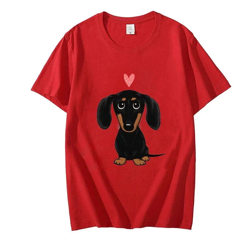 Nero e marrone chiaro bassotto con cuore retrò Y2K divertente t-shirt femminile estate simpatico cartone animato cane Wiener moda tee top casual top