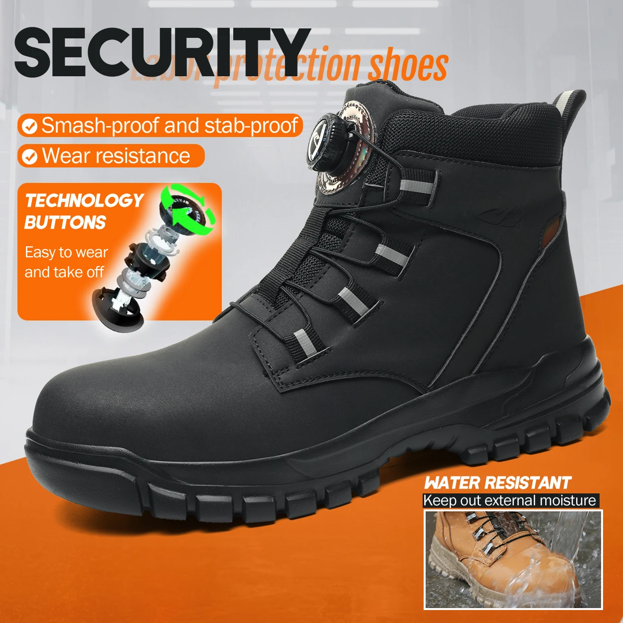 NEW Rotary Buckle Security Boots for Men Work Sneakers Leahter Non Slip Boots Steel Toe Shoes Safety Puncture-Proof Men Boots