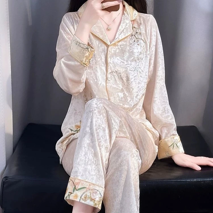 Knitted Gold Velvet Long Sleeved Long Pants Suit Soft And Comfortable Pajama Set 2026 Autumn Winter Women's Home Wear Sleepwear 4