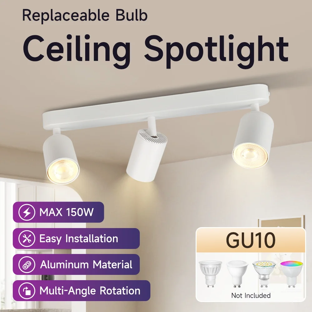 LED GU10 Spot Light Adjustable Angle Ceiling Spotlight Replaceable Bulb Lighting Fixture Living Room Background Wall Track Light