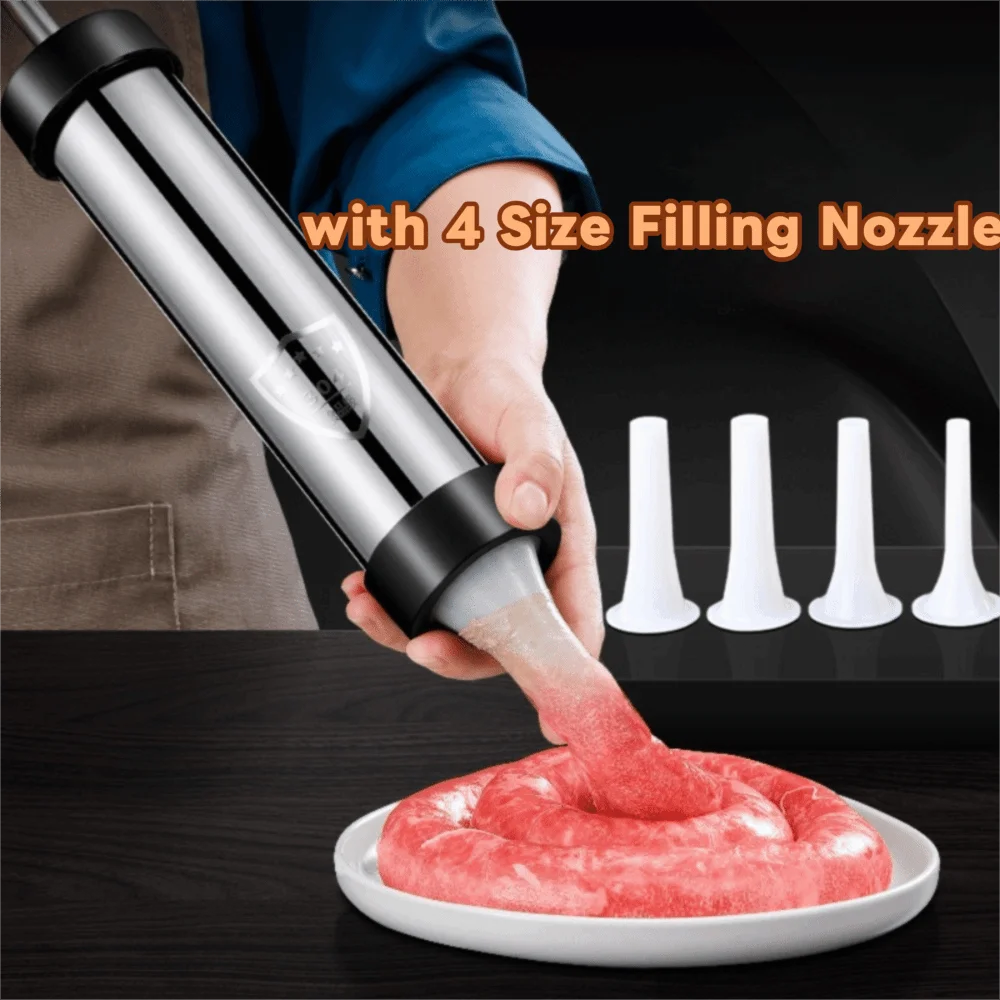 

Manaul Sausage Maker Widened Tube Stainless Steel Sausage Filler Professional with 4 Size Filling Nozzle Sausage Stuffer Kitchen