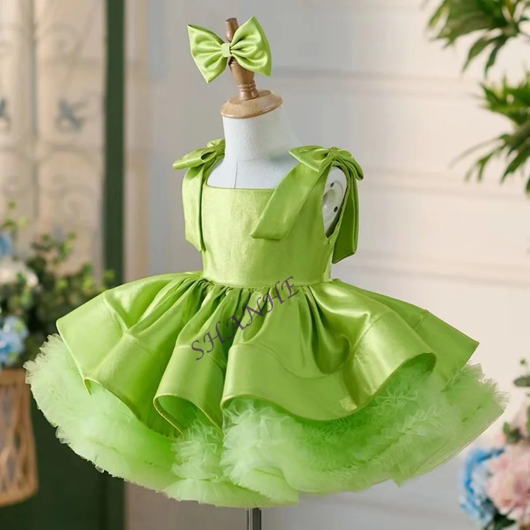 Abito da bambina con colletto quadrato in raso verde elegante personalizzato, lunghezza al ginocchio, principessa, matrimonio, compleanno, festa, abito da ballo