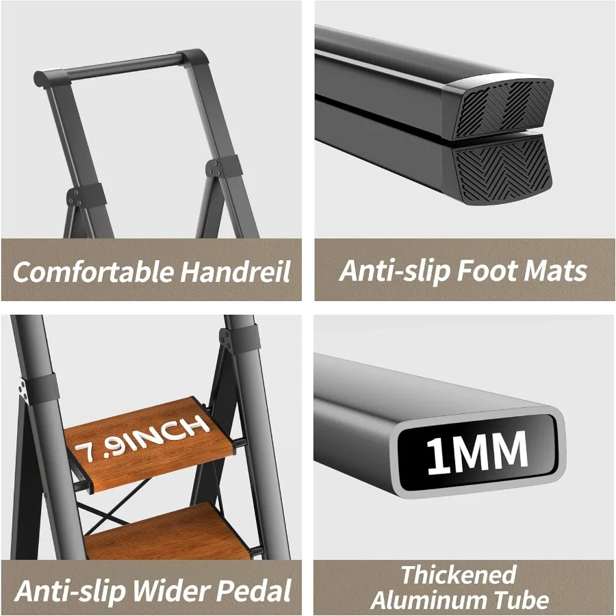 سلم ألومنيوم قابل للطي بـ 6 خطوات مع دواسات واسعة مضادة للانزلاق ومقبض مريح للاستخدام المنزلي والمكتب والمكتبة خفيف الوزن D #4