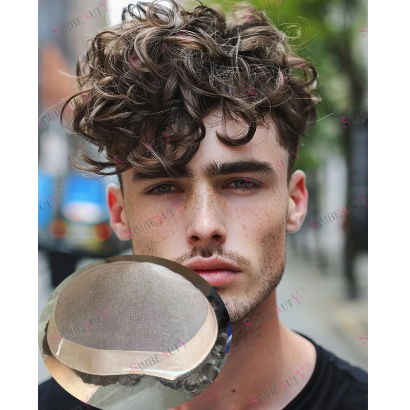 Super Durable 26mm Curly Hairpieces for Man Breathable Comfort Black Men's Human Hair Wigs Male Natural Hair System Prosthesis