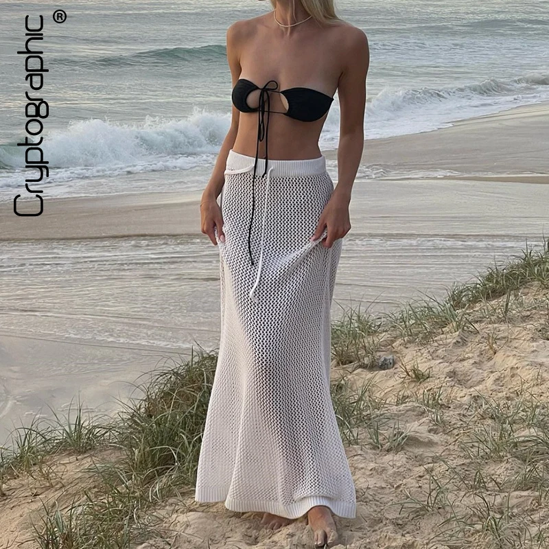 

Cryptographic Elegant Hollow Out Knitted White Maxi Skirts for Women Fashion Outfits Holiday Beachwear Skirt Bottoms See Through