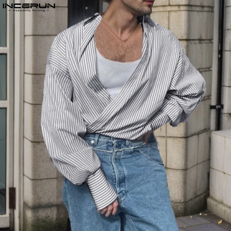 

2024 INCERUN Autumn Stylish Tops Men Fashion Lapel Collar Deep V Neck Lantern Sleeve Elegant Blouse Striped Vintage OL Shirts