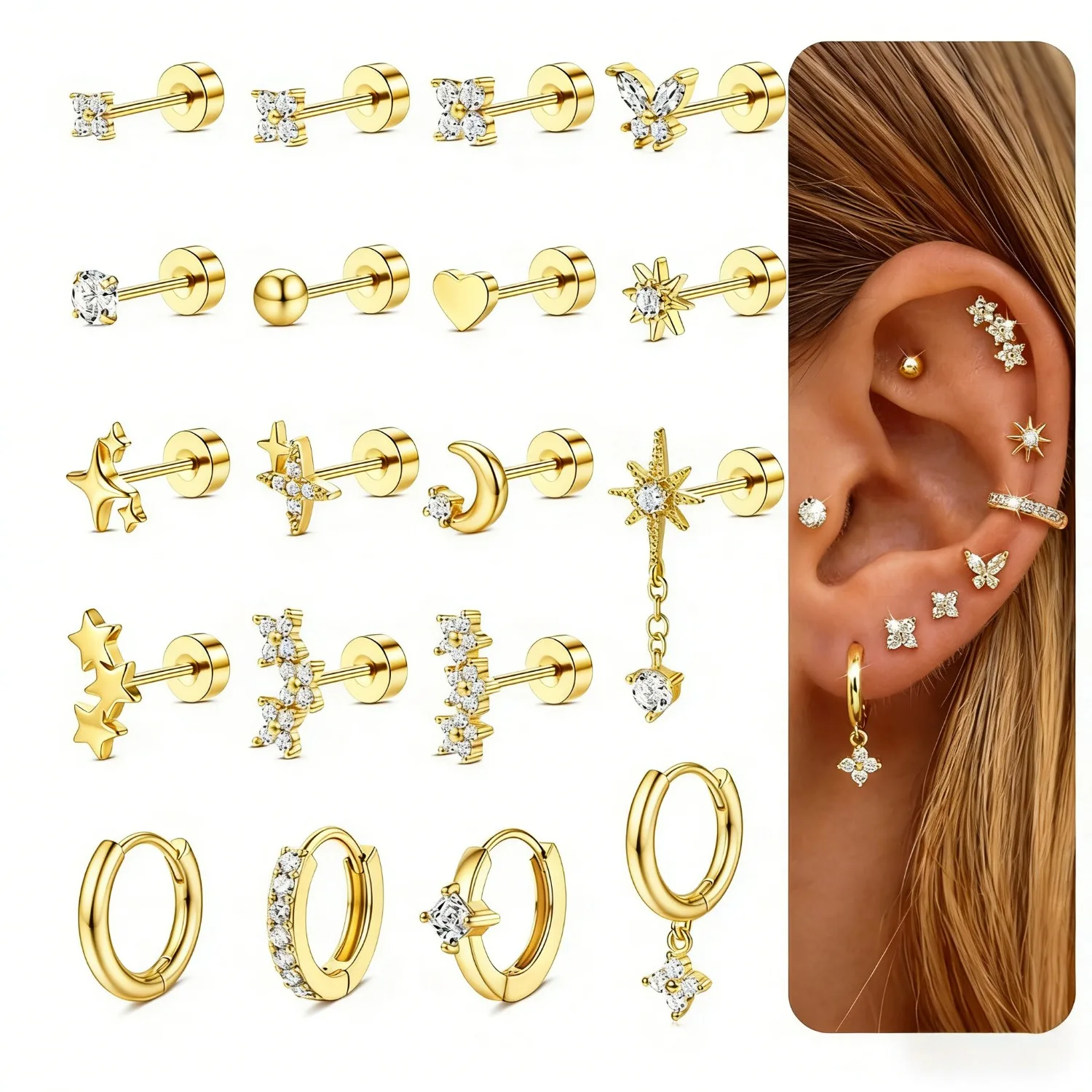 Bobisty Flache Ohrstecker für Frauen, Conch-Piercing, Tragus-Knorpel-Ohrringe aus Edelstahl, Helix-Piercing-Schmuck