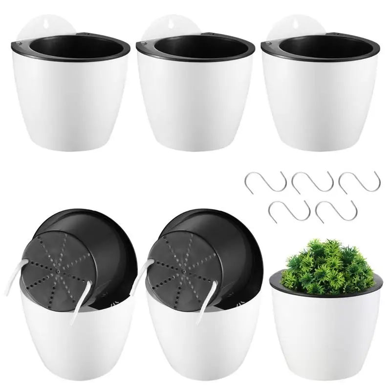 5Pcs Self-Absorbing Flower Pot With Hooks Hanging Flower Pot Self-Watering Flower Bucket Automatic Watering Planter For Balcony